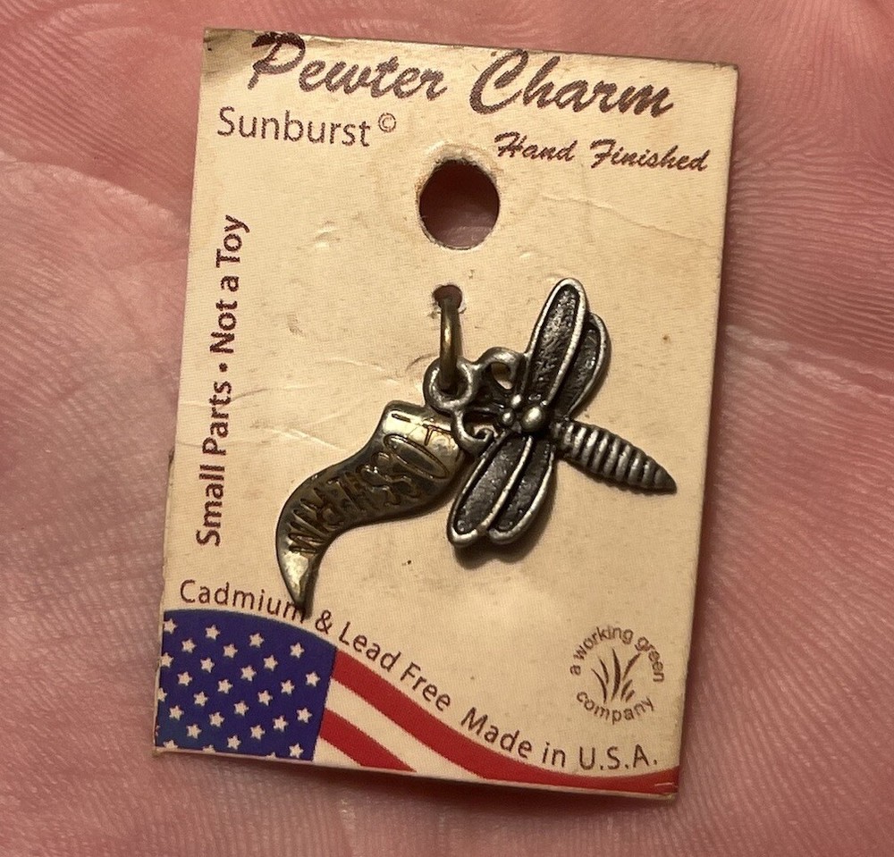 Vintage Dragonfly Pendant Insect Charm Silver Pewter Fossil Museum NOS Jewelry