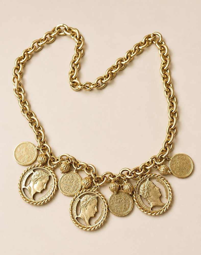 Vintage Runway Napoleon Etruscan Coin Necklace circa 1980s