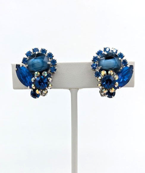 Vintage JULIANA Earrings D&E Blue Art Glass Rhinestone Clip Verified 5509