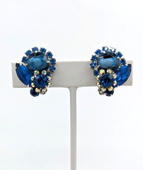 Vintage JULIANA Earrings D&E Blue Art Glass Rhinestone Clip Verified 5509