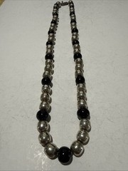 Vintage 925 Silver And Black Onyx Bead Necklace 23” Signed JMS