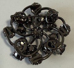 Vtg Jet Black Faceted Glass Rhinestone Flower Swirl Gunmetal Brooch Pin Art Deco