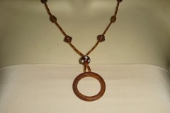 BROWN TINY BUGLE & MURANO BEADS WOOD CIRCLE PENDANT BOHO NECKLACE #195B