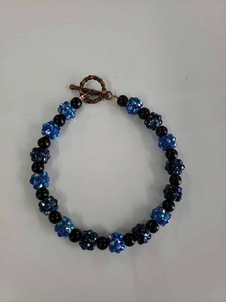 Vtg Copper Colorful Multi-faceted Blue Black Beads Bracelet One Of A Kind OOAK