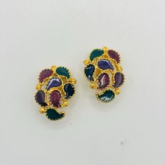 Vintage Necklace Earrings Set Enamel Omega Chain Gold Tone Pink Purple Green
