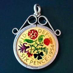 Lucky Sixpence Pendant British Coin Charm Queen Elizabeth II Vintage 1954