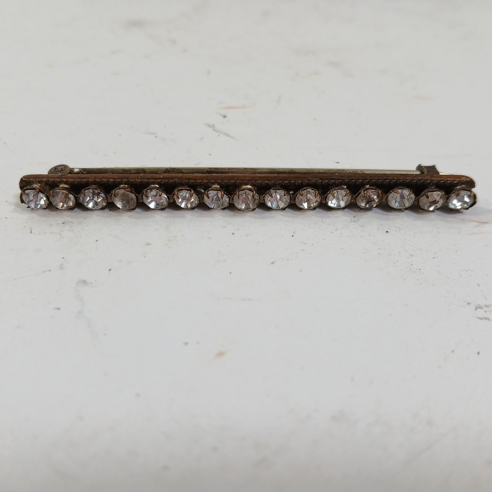 Antique Rhinestone Bar Brooch, Prong Set Stones, C Clasp Vintage