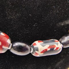 Vintage Barrel Bead Necklace Red Black White Abstract Tribal 22″ Matinee Length