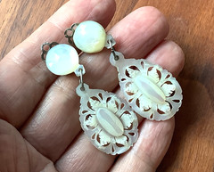 Vintage Carved Mother of Pearl Dangle Chandelier Clip-On Earrings Estate Jewelry