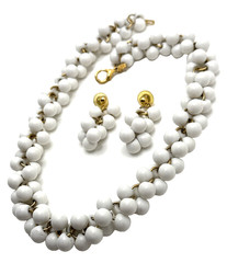 Vintage Lady Remington White Beaded Collar Necklace Earring Set Signed LR 19”