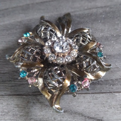 Floral Rhinestone Brooch 2.5in Vintage Pink Blue Clear Gold Tone Flower