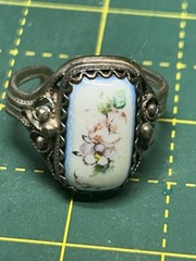 Vintage Hand Painted Porcelain Floral Cabochon Ring Ornate Silver Tone Filigree
