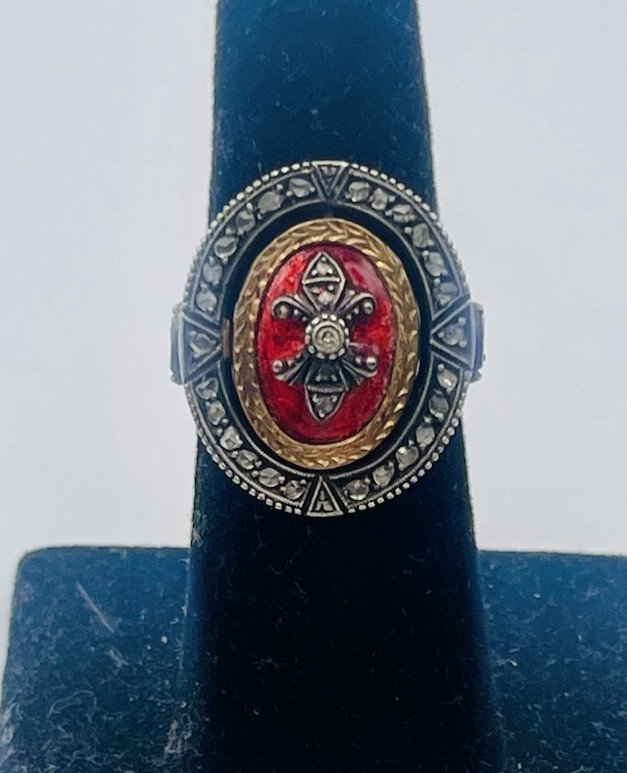 Antique Victorian 19k Gold & Sterling Silver Rose Diamond Enamel Flip Ring