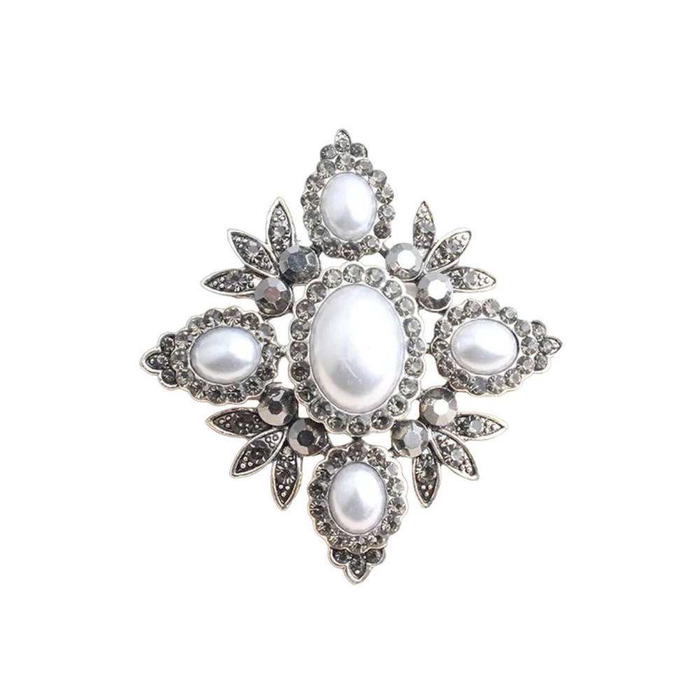 Imitation Pearl & Dark Gray Crystal Brooch Silver Tone