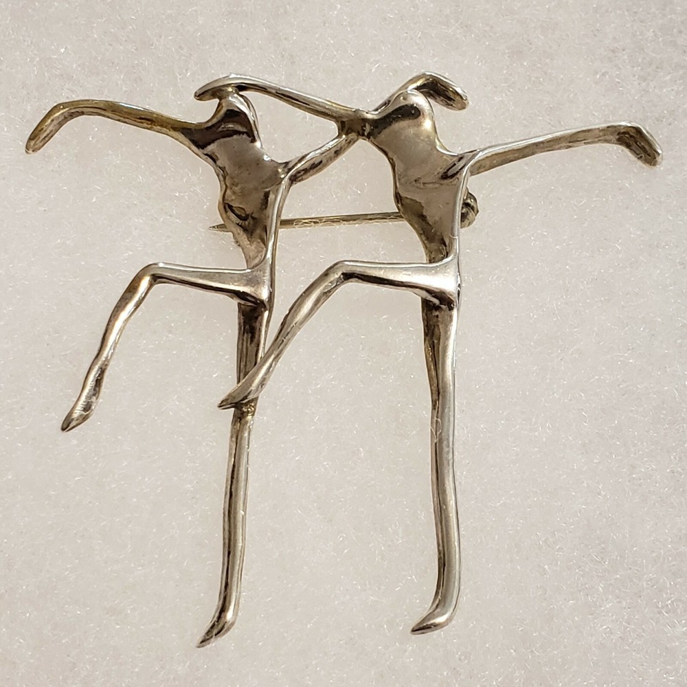 Large Vintage Modernist Abstract Silver Figural Brooch Dancers with Secure Clasp