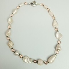 Vintage Light Pink Glass Beaded Necklace with Oversized Spring Ring, Silver Tone