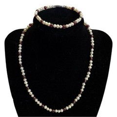 Vintage Rice Pearls & Almandine Garnet Gemstones Beaded Necklace & Bracelet Set