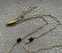 Vintage Art Deco Gold Tone Black Glass Pendant Necklace Chain 20”