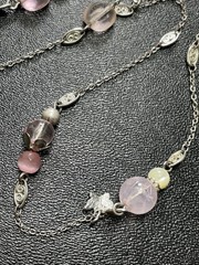 Vintage 48” Pink Floral Glass MOP Beads Butterfly Bird Charm Chain Necklace
