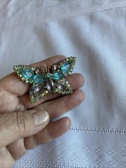 Vintage Rhinestone Butterfly Brooch Aqua Teal Gold Tone Mid Century Style