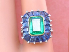 ESTATE ART DECO 2.30 ct EMERALD 4 ctw SAPPHIRE DIAMOND PLATINUM COCKTAIL RING