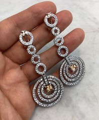 Vintage JJJ Signed Circle Sterling Silver CZ Champagne Drop Dangle Earrings