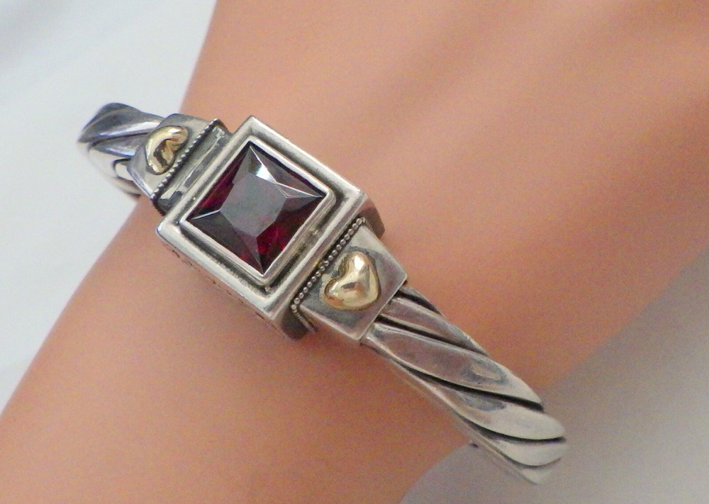 STERLING & 14KT HINGED BRACELET W, RED STONE WT. 38 GRAMS