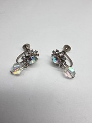 Clear AB Rhinestone Crystal Flower Dangle Screw Back Earrings Vintage