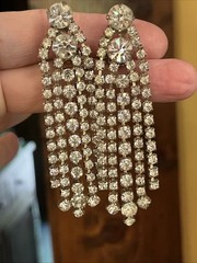 Vintage Huge Prong Set Rhinestones Chandelier Dangle Drop Clip On Earrings