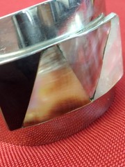 Vintage 1970s Silver Toned Metal Cuff bracelet with Onyx and Shell Inlay
