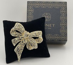 Vintage Monet Gold-Tone Rhinestone Bow Brooch -Statement Pavé Crystal Ribbon Pin