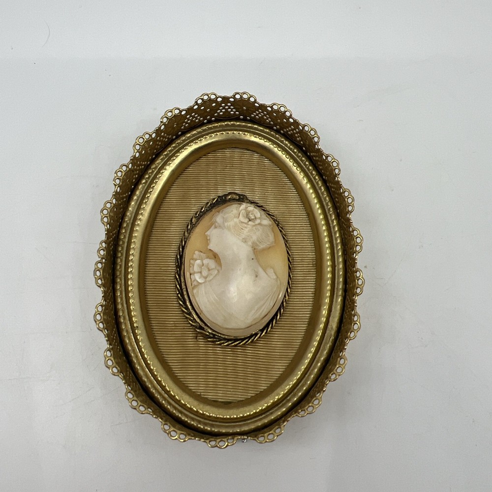 Vintage Oval Shell Cameo Portrait in Brass Ornate Filigree Frame Beige White