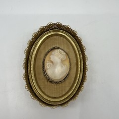 Vintage Oval Shell Cameo Portrait in Brass Ornate Filigree Frame Beige White