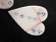 Vintage Artisan White Pink Blue Ceramic Heart Pierced Earrings Boho