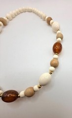 Vintage off white light wood and brown marbled amber colored beaded necklace