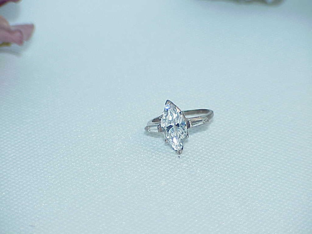 Sterling Ring 3.00ct Marquise & Baguette Solitaire Sz5.5 2.7Gr Vintg engagement
