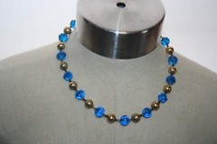 Princess Length 18″ Necklace Octagon Azure Blue Glass Gold Bead Seed Spacer Vtg