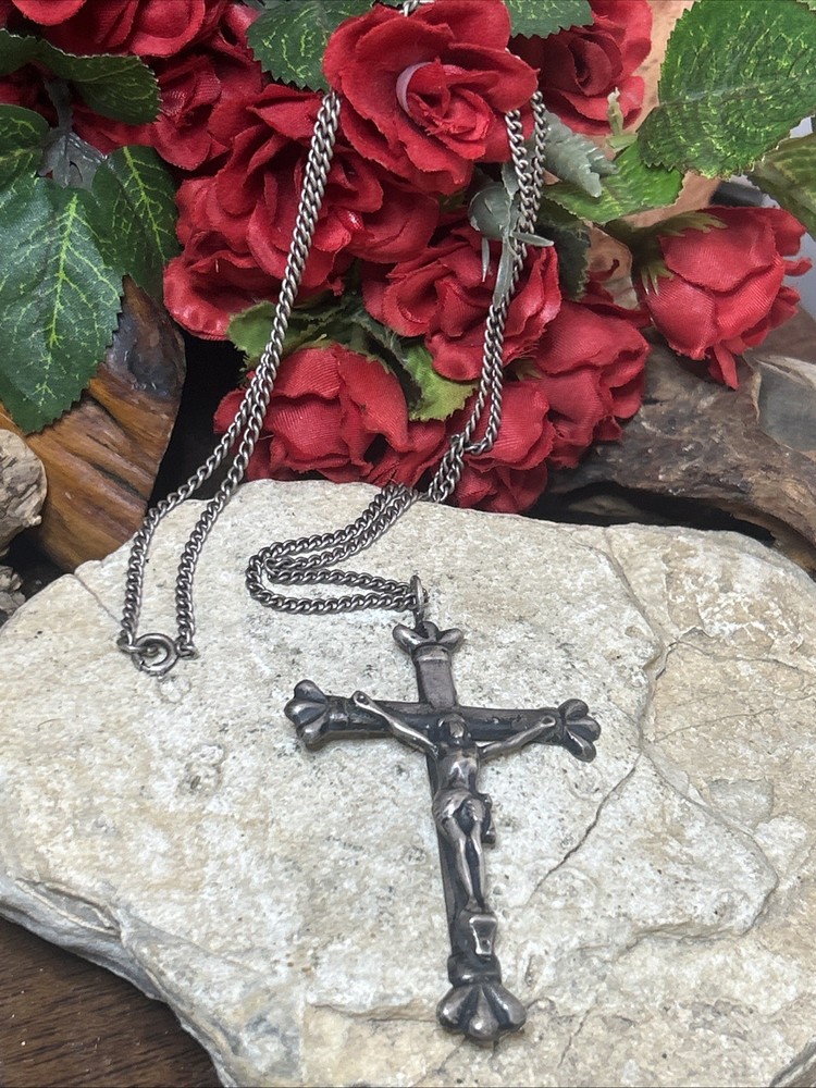 55. Old Rare 925 Sterling Cross Pendant Curb link Chain Necklace 24″, 28.2g