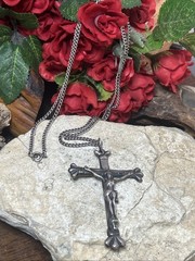 55. Old Rare 925 Sterling Cross Pendant Curb link Chain Necklace 24″, 28.2g