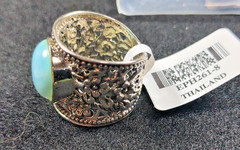 Round Cabochon Larimar Sterling Silver Wide Floral Band Ring & Original Package