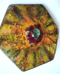 Vintage Hexagon Copper Enamel Brooch Pin Brown Gold Tone Design Center Stone