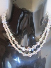 VTG AURORA BOREALIS CRYSTAL DOUBLE STRAND ADJUSTABLE CHOKER NECKLACE + EARRINGS