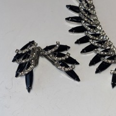 Black Navette Rhinestone Necklace Clip Earrings Set Unmarked “Juliana Style”