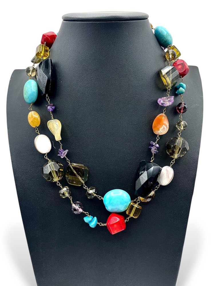 Vintage BOHO STATEMENT Necklace Multi Gemstones MOP Turquoise Etc 41” Fabulous!