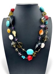 Vintage BOHO STATEMENT Necklace Multi Gemstones MOP Turquoise Etc 41” Fabulous!