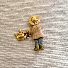 Vintage Garden Gal Enamel Brooch Pin Gold Tone Watering Can Pearl Dangles