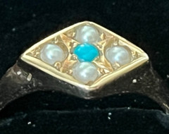 1873 Victorian Turquoise Seed Pearl 15k Gold Ring Birmingham Size 6.5+/- not 14k