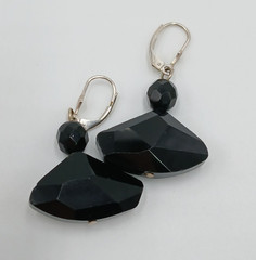 VTG 925 Earrings 1in Wide Black Faceted Glass Sterling Silver Ear Wire Art Deco