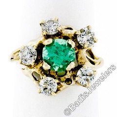 Vintage 14k Yellow Gold Round GIA RARE UNTREATED Emerald Solitaire Diamond Ring