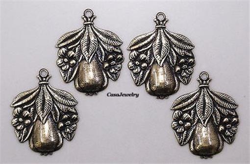 #0205 SMALL ANTIQUED GOLD FLOWER & FRUIT PENDANT/ER W/TOP HANG RING – 4 Pc Lot
